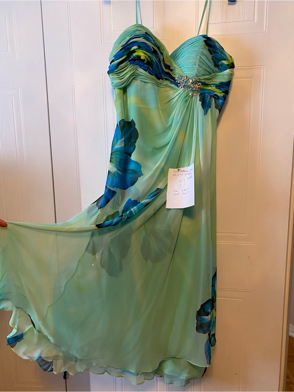 Beaded Aqua Floral Ruched Spaghetti-Strap Dress